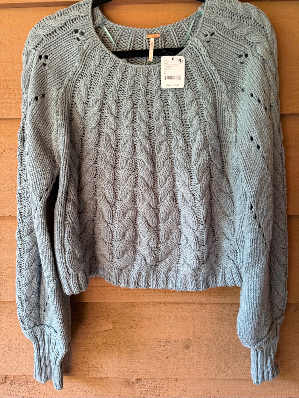 NWT Free People Ancient Turquoise Cable Knit Cropped Sweater Medium Crochet M